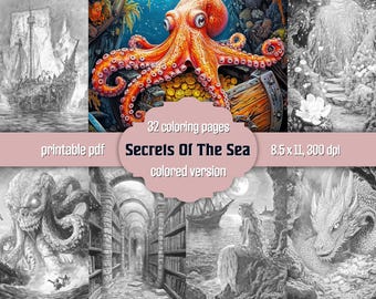 Underwater Fantasy Coloring Book: Grayscale Pages, Mermaid & Ocean Art, PDF Download, Colored Version