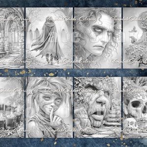 May include: A collection of grayscale coloring pages featuring gothic and fantasy themes. Images include a cloaked figure, a portrait of a pale man, a stone face, a skull, and a candlelit scene. The text "Template Shaker Coloring" is present.