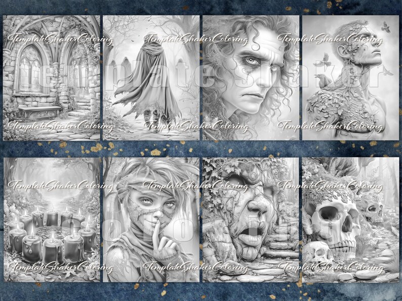 May include: A collection of grayscale coloring pages featuring gothic and fantasy themes. Images include a cloaked figure, a portrait of a pale man, a stone face, a skull, and a candlelit scene. The text "Template Shaker Coloring" is present.