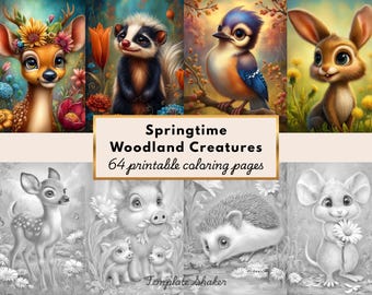 Może przedstawiać: Zbiór 64 stron do kolorowania do druku zatytułowany Springtime Woodland Creatures, zawierający kolorowe ilustracje jelenia, skunksa, ptaka i królika oraz czarno-białe rysunki liniowe zwierząt leśnych w naturze.