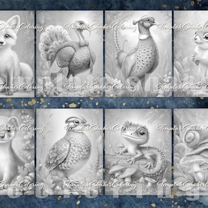 May include: A set of eight grayscale coloring pages featuring detailed illustrations of a fox, turkey, pheasant, squirrel, weasel, quail, lizard, and snail. Each image includes the watermark text TemplateShakerColoring across the center.