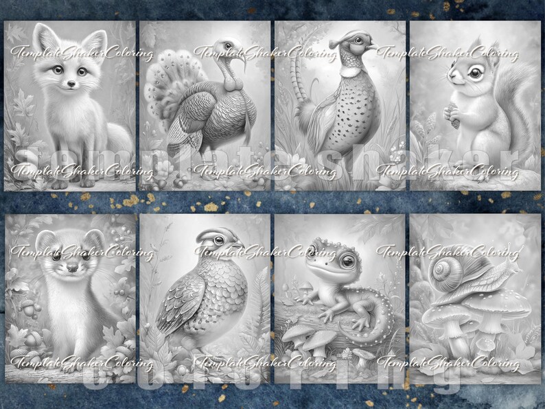May include: A set of eight grayscale coloring pages featuring detailed illustrations of a fox, turkey, pheasant, squirrel, weasel, quail, lizard, and snail. Each image includes the watermark text TemplateShakerColoring across the center.