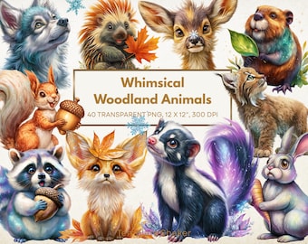 Watercolor Woodland Animals PNG Clipart Set, Transparent Background, Commercial Use, Digital Download
