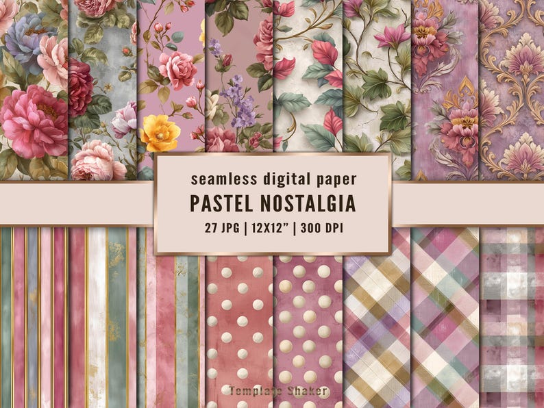27 Vintage Floral Digital Paper Pack, Shabby Chic Seamless Pattern ...