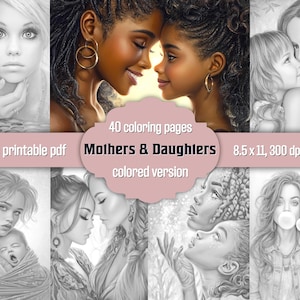 Mother & Daughter Coloring Book Grayscale Coloring Pages For Adults Portrait Coloring Instant Download Printable PDF Colored Version JPG
