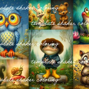 May include: A collection of whimsical illustrations featuring various animals in a vibrant, cartoon style. The images include an owl, rabbit, bear, frog, raccoon, squirrel, and snail. Each character is depicted in a colorful, detailed environment, with the text "template shaker coloring" overlaid.