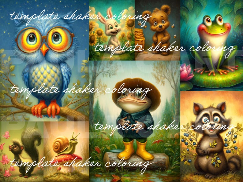 May include: A collection of whimsical illustrations featuring various animals in a vibrant, cartoon style. The images include an owl, rabbit, bear, frog, raccoon, squirrel, and snail. Each character is depicted in a colorful, detailed environment, with the text "template shaker coloring" overlaid.