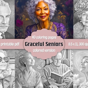 Elegantes Senioren-Malbuch: 40 Graustufen-Portraits, Malbuch für Erwachsene, druckbare PDF-Datei, farbige Version