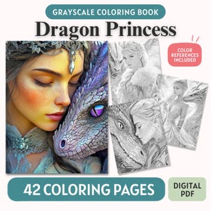 Puede incluir: Un libro de colorear en escala de grises titulado Dragon Princess con 42 páginas para colorear en formato PDF digital. La portada muestra una ilustración a color de una persona con un dragón y tres páginas pequeñas en blanco y negro.