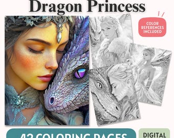 May include: A grayscale coloring book titled Dragon Princess featuring 42 coloring pages in digital PDF format. The cover displays a colored illustration of a person with a dragon, while three smaller black and white pages show similar scenes.