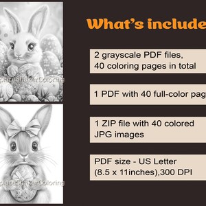 May include: A digital download of 40 colouring pages featuring a cute bunny rabbit holding an Easter egg. The colouring pages are available in grayscale and full colour. The PDF files are 8.5 inches by 11 inches and 300 DPI.