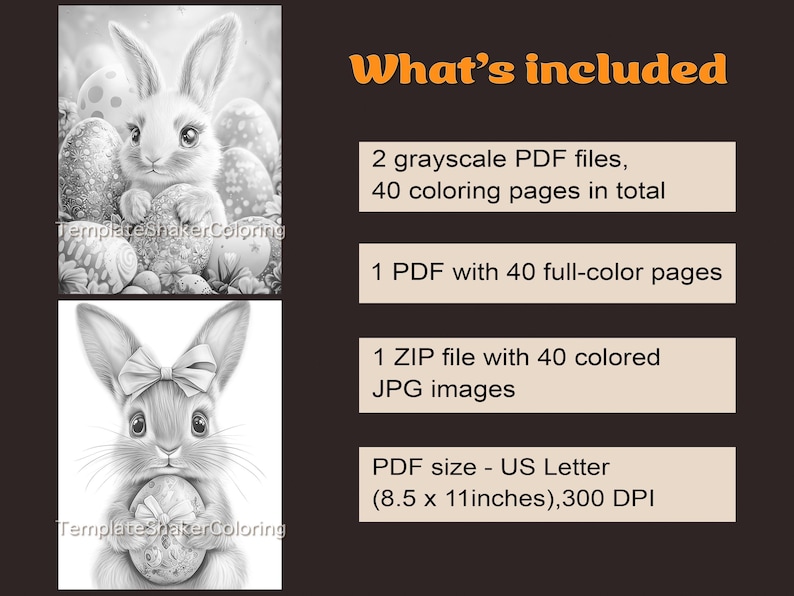 May include: A digital download of 40 colouring pages featuring a cute bunny rabbit holding an Easter egg. The colouring pages are available in grayscale and full colour. The PDF files are 8.5 inches by 11 inches and 300 DPI.