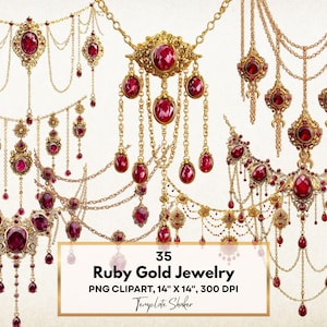 Puede incluir: Una variedad de joyas doradas con piedras preciosas de color rojo rubí. Las joyas incluyen collares y colgantes con diseños intrincados y detalles de rubíes colgantes. La imagen también contiene el texto "35 Ruby Gold Jewelry PNG CLIPART, 14" X 14", 300 DPI".