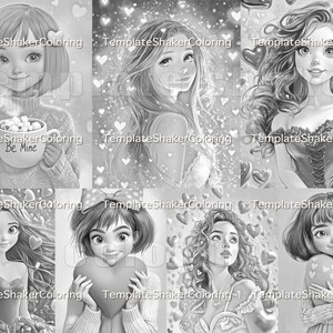 Valentine Girls Adult Coloring Book: Grayscale Pages, Romantic Portraits, Printable PDF + Colored Version image 3