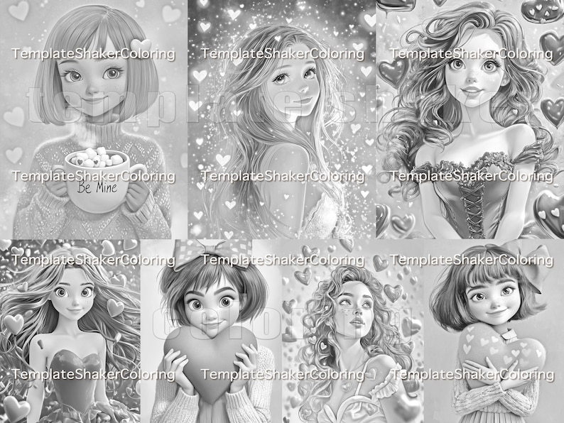 Valentine Girls Adult Coloring Book: Grayscale Pages, Romantic Portraits, Printable PDF + Colored Version image 3