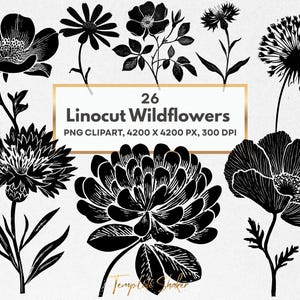 Puede incluir: Una colección de ilustraciones de flores silvestres en linograbado blanco y negro con diversas formas florales y tallos. Un marco rectangular central contiene el texto 26 Linocut Wildflowers PNG CLIPART, 4200 X 4200 PX, 300 DPI sobre fondo blanco.
