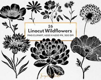 Linocut Wildflower Clipart Set, Black Floral Silhouettes, Transparent PNG, Commercial Use (Digital Download)
