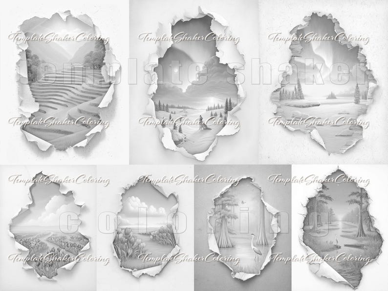Torn Paper Landscape Coloring Book, Grayscale Nature Scenes Pages ...