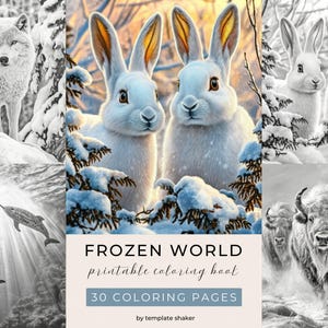 May include: A digital coloring book cover titled "Frozen World" with illustrations of arctic animals. The cover includes images of a wolf, narwhals, rabbits, and bison in a snowy landscape. The book contains 30 coloring pages.