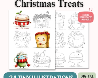 Mini Coloring Pages, 24 Christmas Treats Illustrations, Printable Coloring Sheets, PDF Digital Download