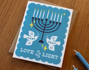 Hanukkah Card: Love & Light Menorah, Boho Retro Design
