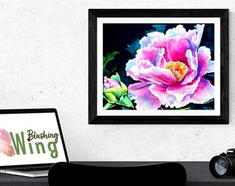 Hand-tinted Watercolor print, Pink Peony Painting,  11 x 14 inches, Neon Pink Fuchsia Floral Painting, Garden Art, Botanical Decor