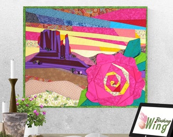 Original Quilt Wall Hanging, Bright Pink Desert Rose, Mittens Butte, Southwest landscape, Arizona, Navajo Monument Valley Park, Textile Art