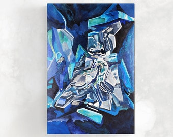 Original Sapphire Acrylic Painting, Cobalt Blue, Navy Modern Abstract, Mixed Media Watercolor, Wall Art, Swarovski Crystals, Gems, Pearls