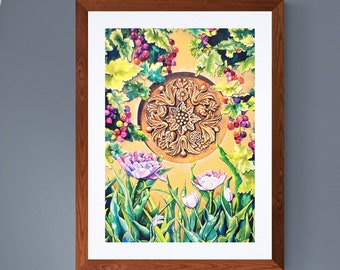 Original Watercolor Painting, Tuscan Tulip Garden, 44 x 36 inches Framed, Bas Relief Wall, Grapevines, Vineyard Art, Mandala, Terra Cotta