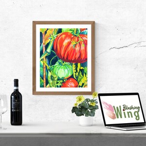 Watercolor Print, Red and Green Vine-Ripened Tomatoes, Fruit Painting, kitchen Art, Botanical farmers market, Chef gift, Country Home
