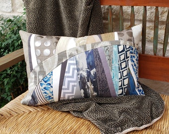 Lumbar Pillow Cover Beach Blue and Sand Upcycled Picture Quilt Scrap