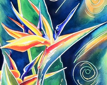 Watercolor print, 10 x 8 inches, Bird of Paradise painting, tropical Island art, Bermuda Botanical Garden Floral art, flower painting