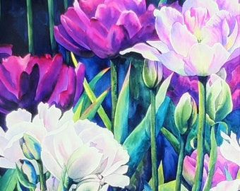 Hand-Tinted Tulip Watercolor Print, 10 x 8 inches, Angelique Painting, Pink Peony, Dutch Flowers, Floral Art, Spring Bulbs