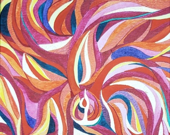 Original watercolor painting, Aries Fire metallic abstract, Phoenix feathers and flames, Contemporary Red Wall Art