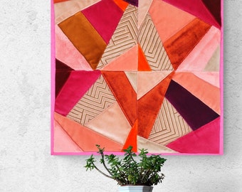 Handmade Heirloom Quilt Wall Art, Contemporary Blush Pink, Rose Gold, Peach Velvet Textile, 16 x 16 inch