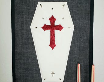 White Vampire Coffin Wall Art, Black Linen, Dark Aesthetic, Quilted Victorian Cross Halloween Textile Art