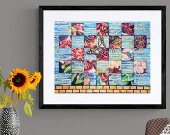Original Watercolor collage, Iridescent Neon Rainbow Butterfly, Stain Glass Checkerboard, Shadowbox Frame, Rose Camellia Flowers Floral Art