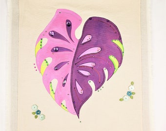 Original acrylic painting, Pink Monstera Leaf Heart Fabric Textile wall hanging, Tropical plant and Swarovski collage