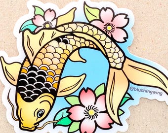Koi Fish and Cherry Blossoms Vinyl Sticker / Tattoo Inspired Sakura Decal