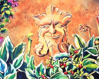 Garden Wall watercolor print, 8 x 10 inches. Fuchsias, Hostas, Green Man Celtic Wall art, pitcher plants, pepper berries