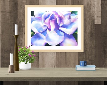 Hand-tinted Magnolia watercolor print, traditional farmhouse art, blue painting 14 x 11, White Mississippi State Flower