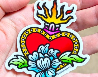 Tattoo inspired Sacred Heart Sticker / Die Cut Vinyl Religious Tattoo Sticker