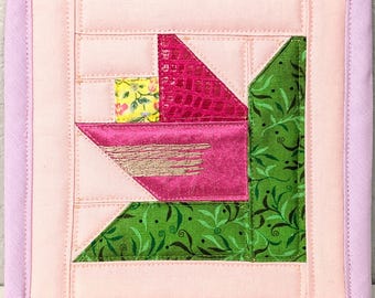 Miniature Tulip Log Cabin Quilt Art / Pink Floral Fabric Textile / Small Handmade Quilt