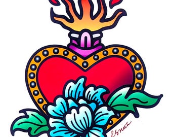 Sacred Heart Print with Blue Peony / Traditional Tattoo Art