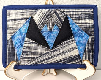 Blue Tie-dye Miniature Bat Quilt Art / Small Fiber Decor/ Handmade Textile Wallhanging / Mug Rug