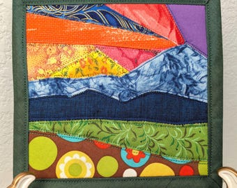 Miniature Mountain Landscape Quilt Art / Handmade Textile Wallhanging / Mug Rug