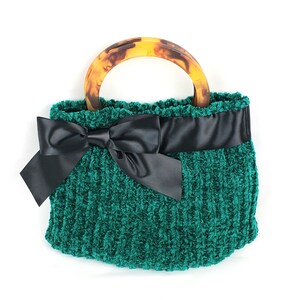 Emerald Green Chenille Evening Bag Black Satin Bow Faux Tourtoise Shell Handles