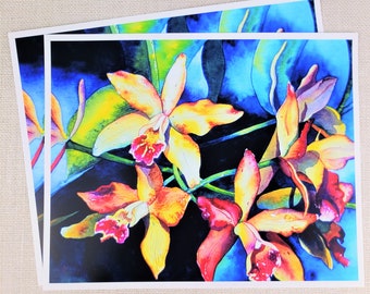 Hand-tinted Watercolor Print, 8 x 10 inches, Bermuda Orchids, Botanical Illustration, tropical yellow flowers, floral painting 8 x 10 inches