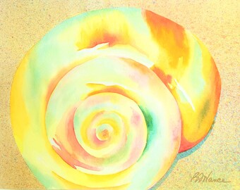 Original watercolor, Seashell Painting, Nature Illustration, Beach Art, Fauvism Moon Snail
