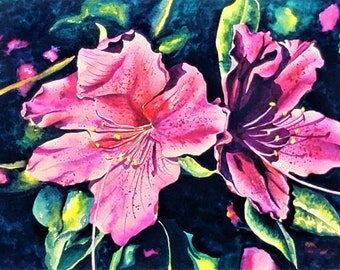 Hand-tinted Azalea watercolor print / Hot Pink Neon Floral Art / Rhododendron painting / Botanical illustration / Garden Decor